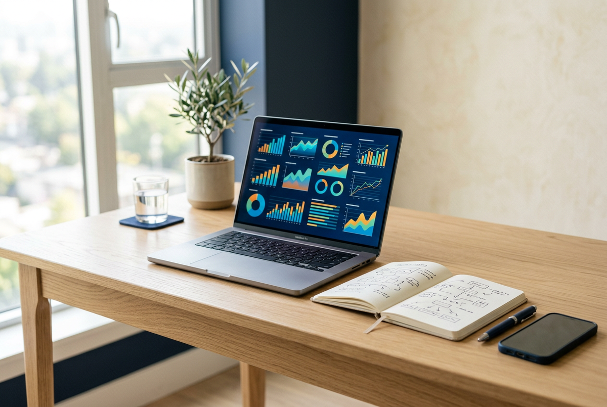 A laptop displaying marketing charts beside a notebook and smartphone on a desk.