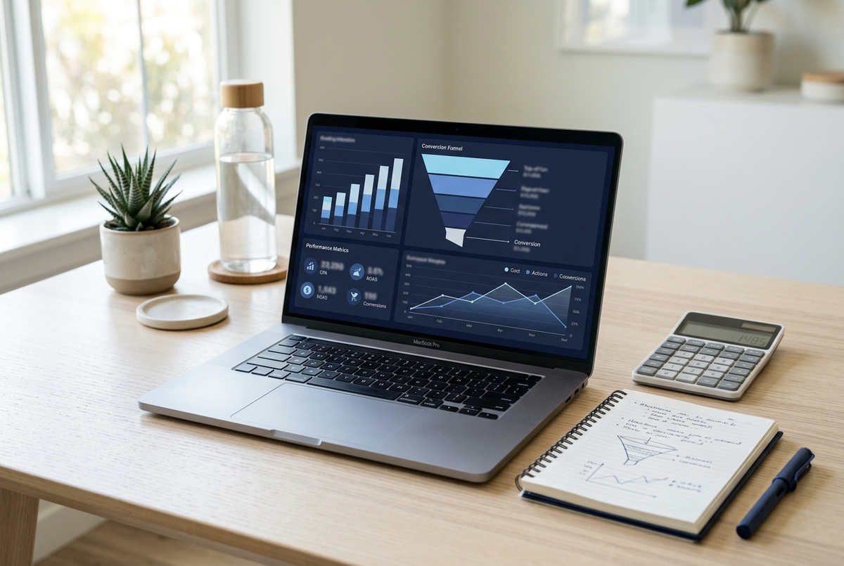 A laptop displaying blue advertising analytics charts beside a calculator and notebook.