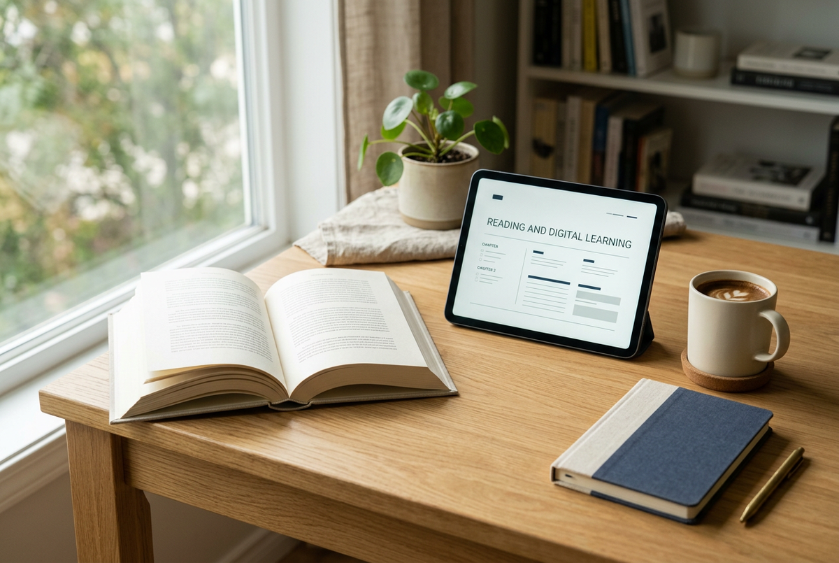 An open book and a tablet on a softly lit desk, representing reading and digital learning.