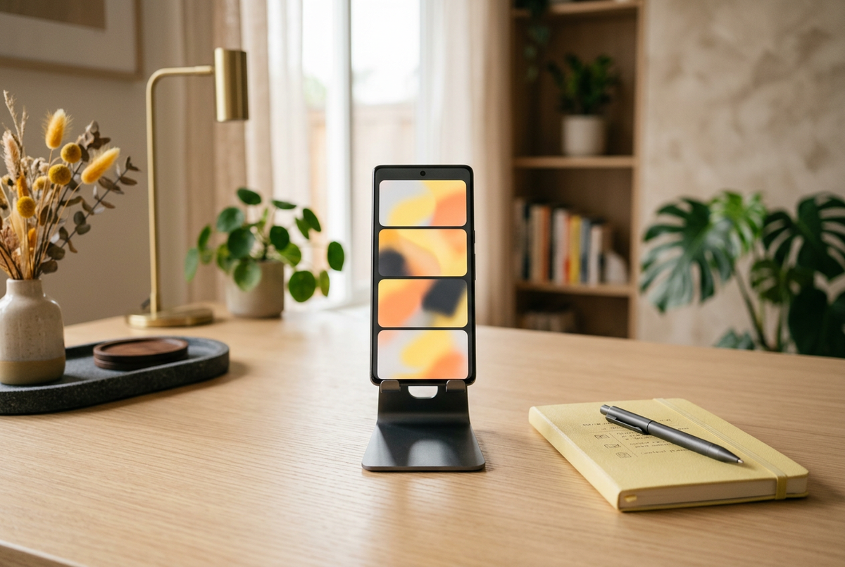 A smartphone with abstract story panels beside a notebook in a softly lit content creation workspace.