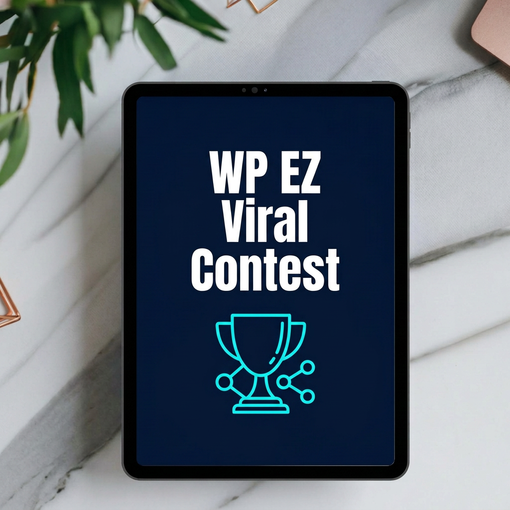WP EZ Viral Contest WordPress plugin cover displayed on a tablet mockup