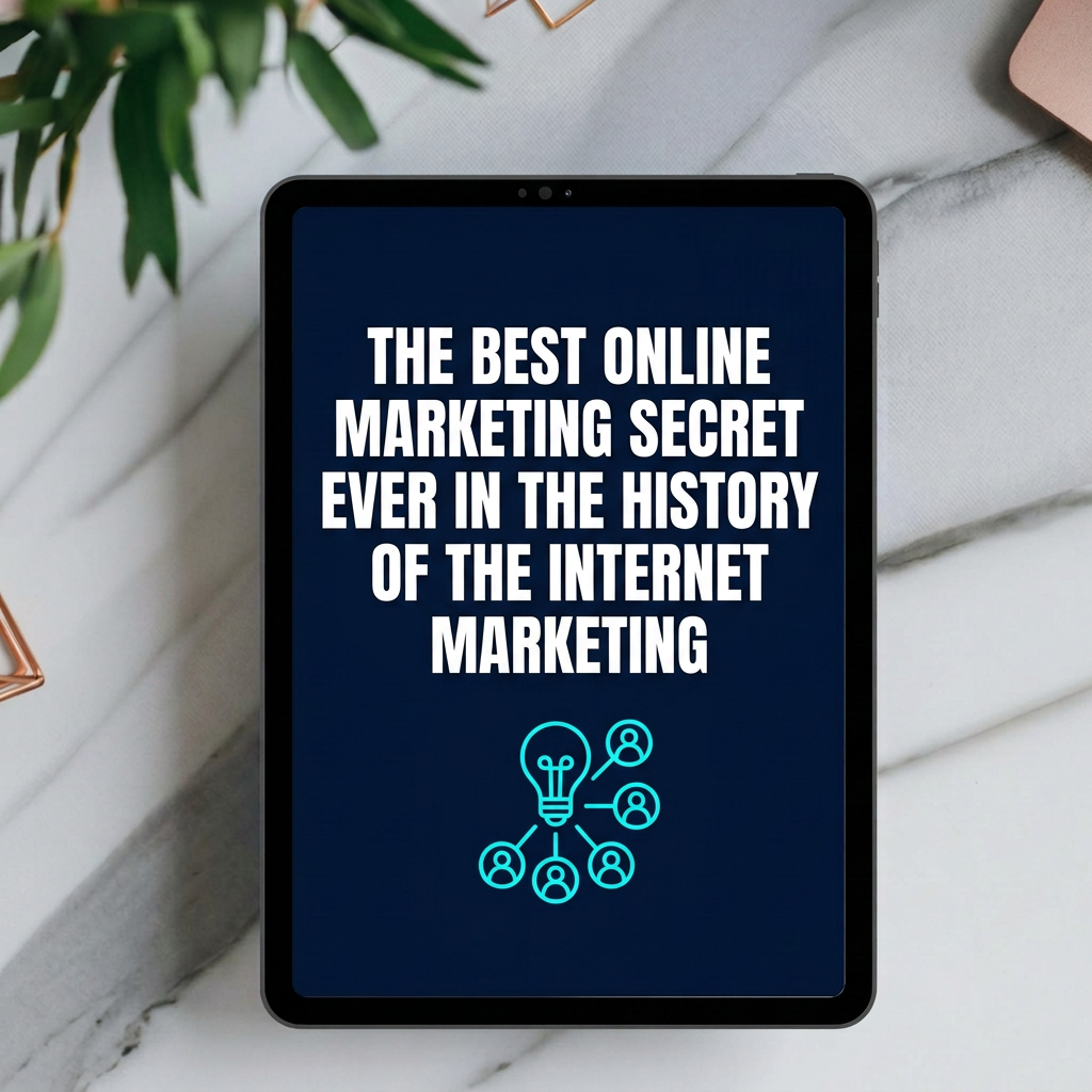 The Best Online Marketing Secret Ever In The History Of The Internet Marketing digital guide cover displayed on a tablet mockup
