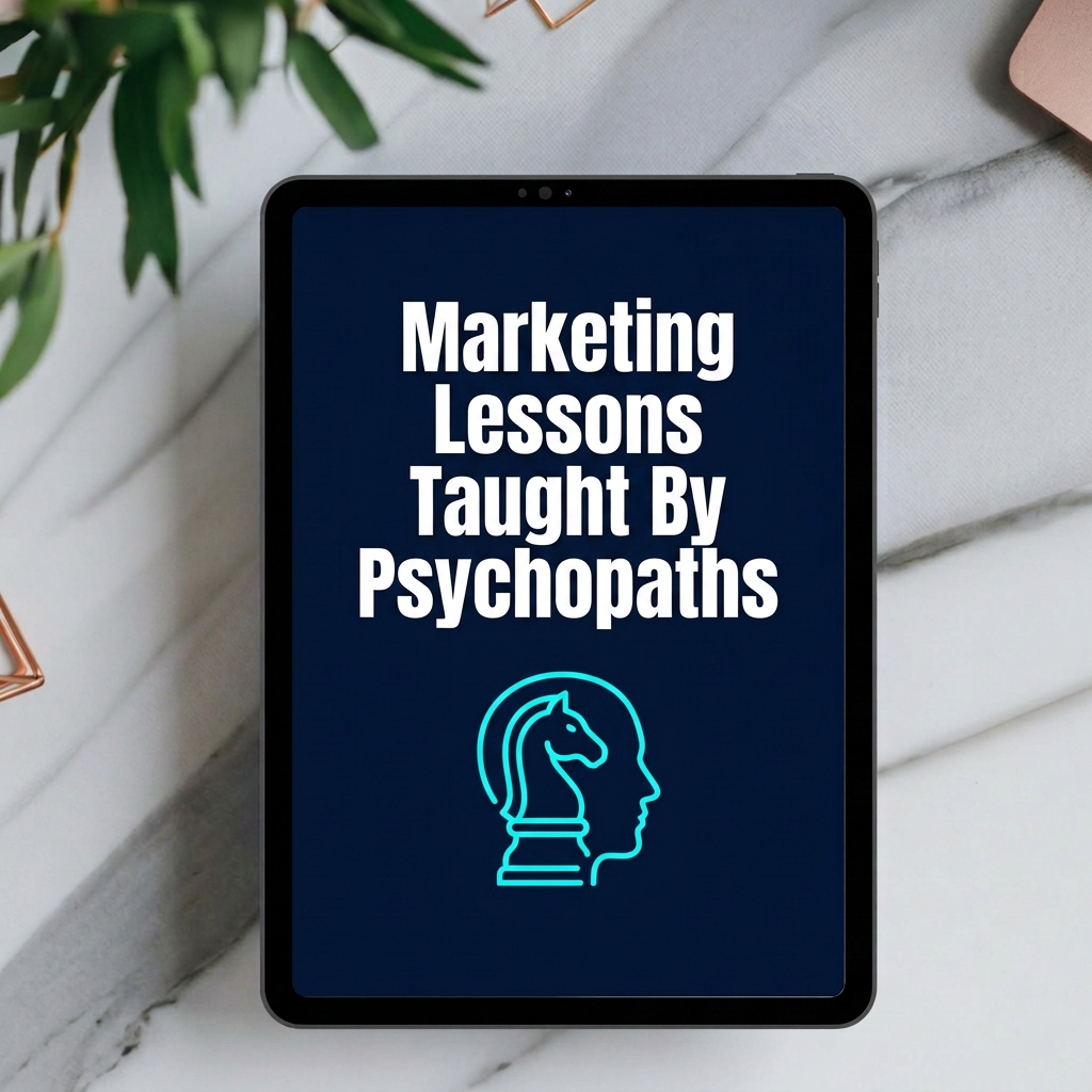 Marketing Lessons Taught By Psychopaths digital guide cover displayed on a tablet mockup