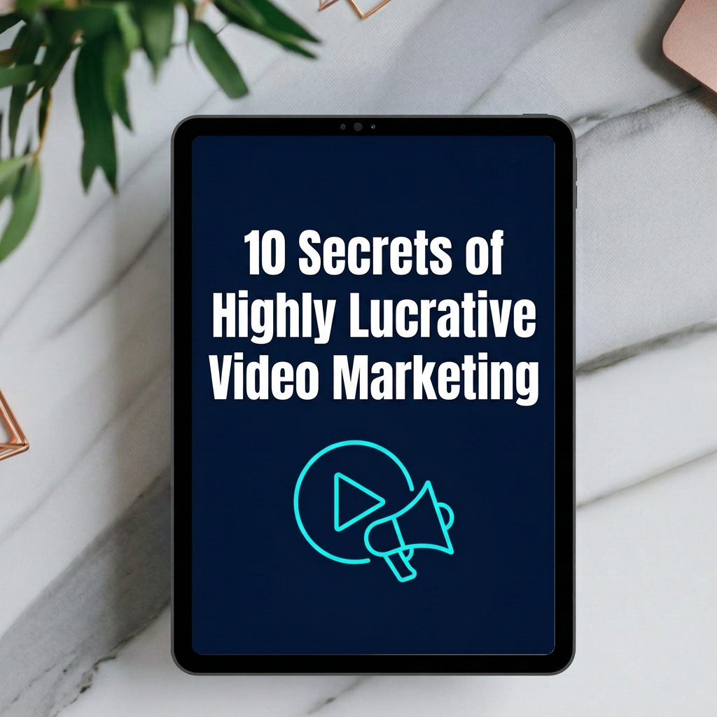 10 Secrets of Highly Lucrative Video Marketing digital guide cover displayed on a tablet mockup