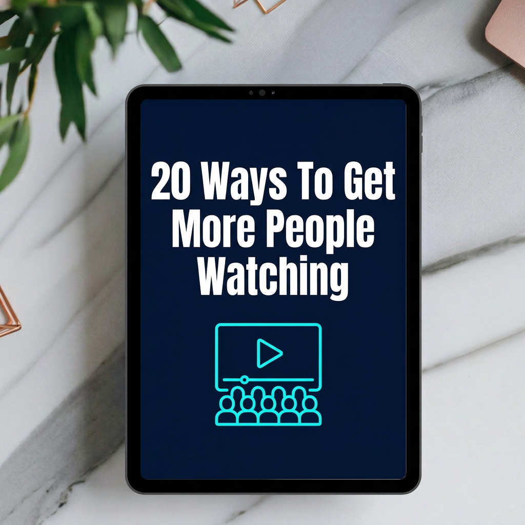 20 Ways To Get More People Watching digital guide cover displayed on a tablet mockup