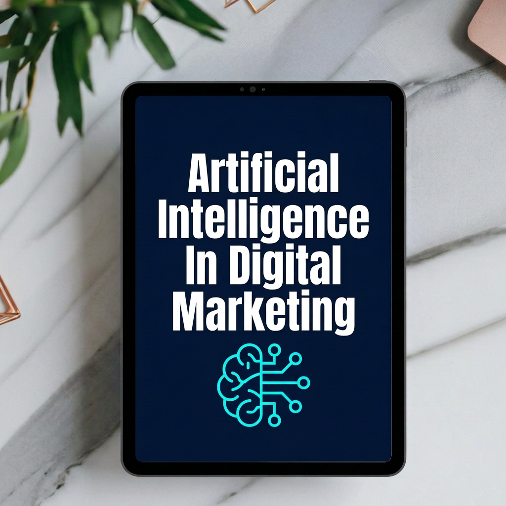 Artificial Intelligence In Digital Marketing digital ebook cover displayed on a tablet mockup