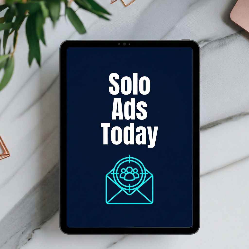 Solo Ads Today digital guide cover displayed on a tablet mockup