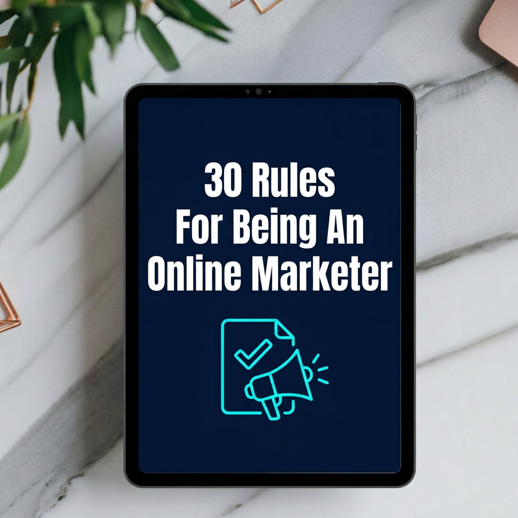 30 Rules For Being An Online Marketer digital guide cover displayed on a tablet mockup