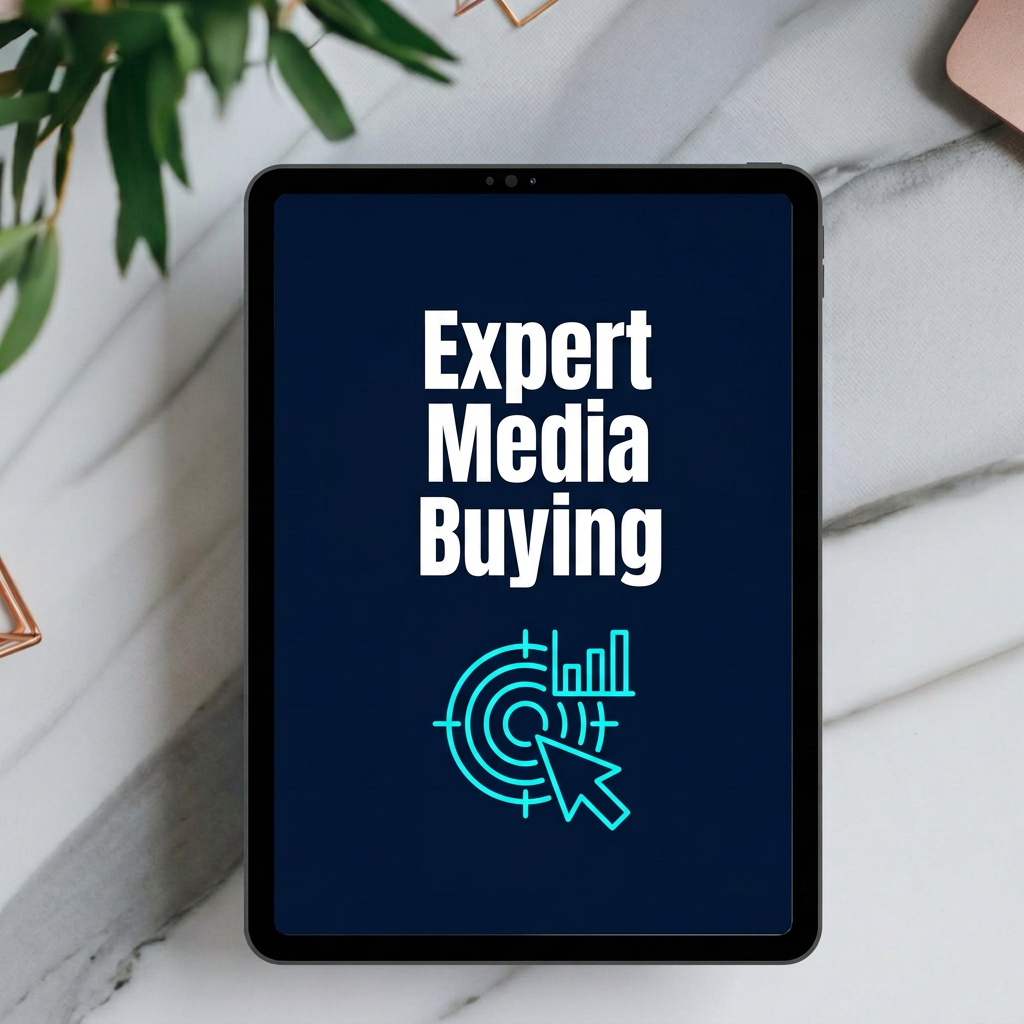 Expert Media Buying digital video course cover displayed on a tablet mockup