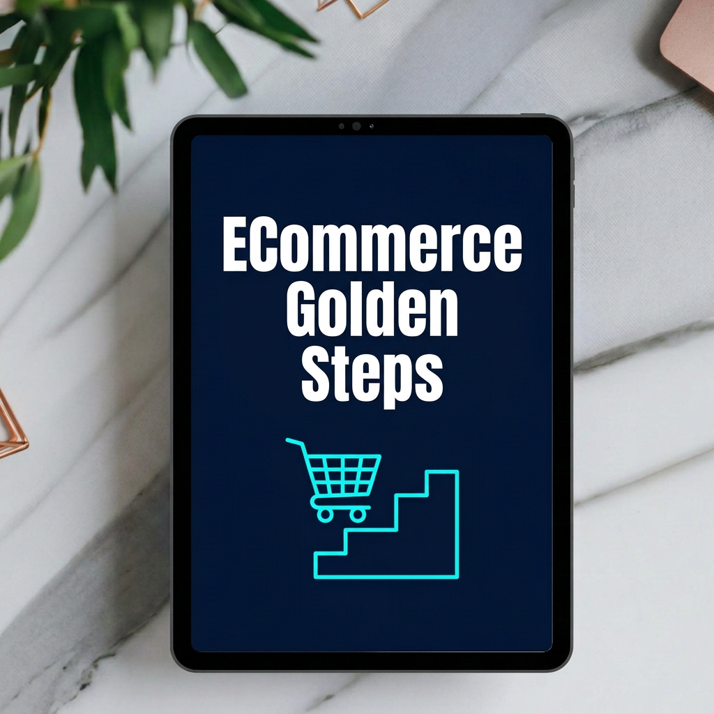 ECommerce Golden Steps digital video course cover displayed on a tablet mockup