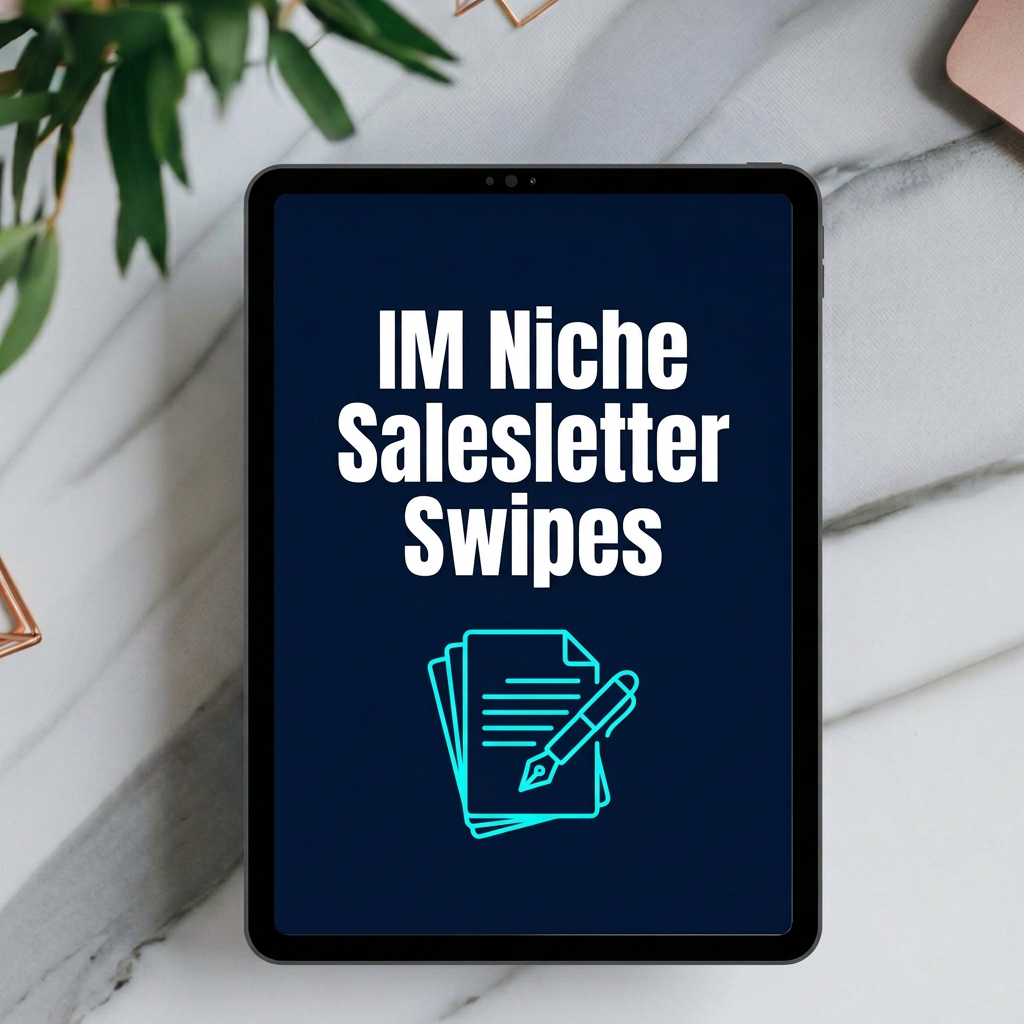 IM Niche Salesletter Swipes digital collection cover displayed on a tablet mockup