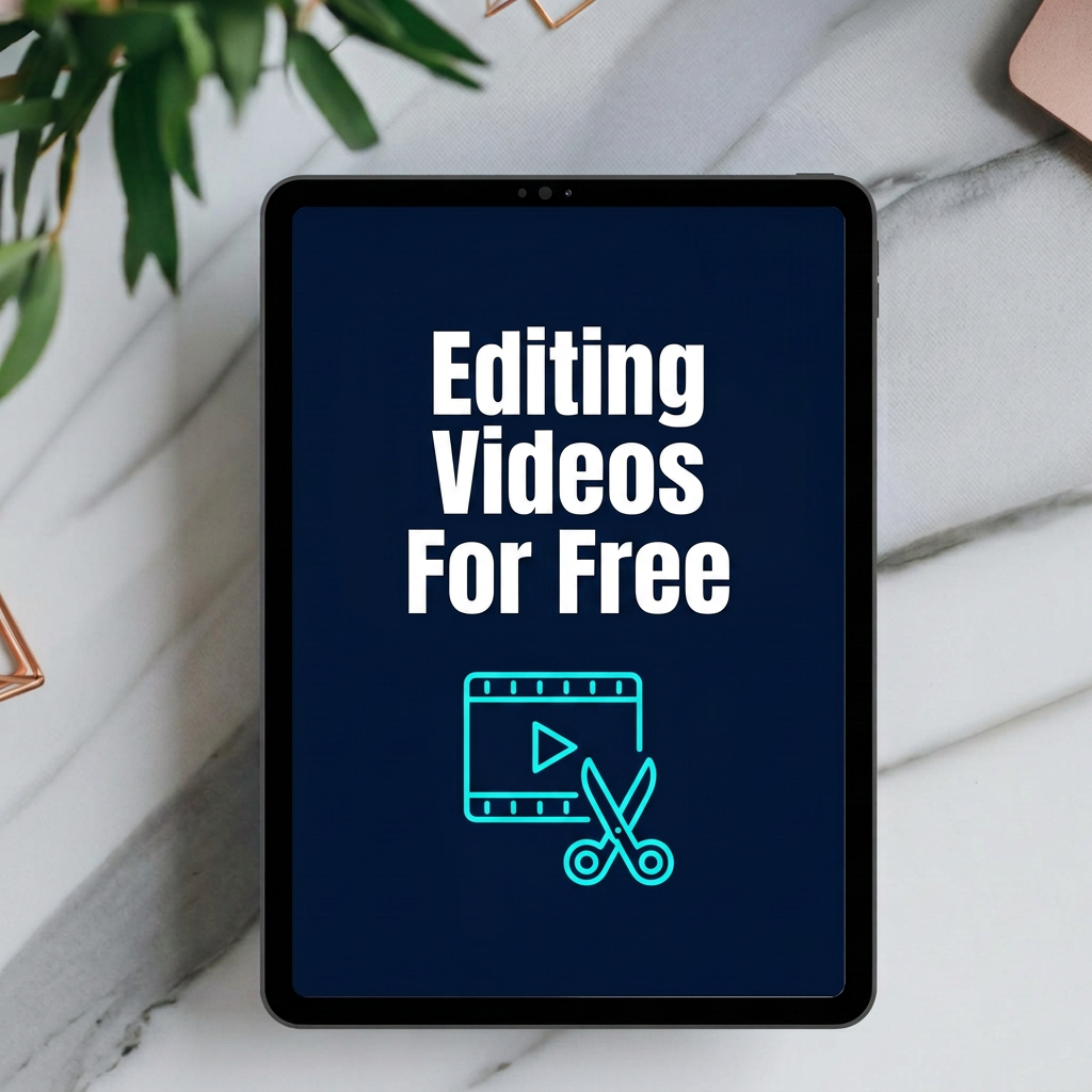 Editing Videos For Free digital video course cover displayed on a tablet mockup