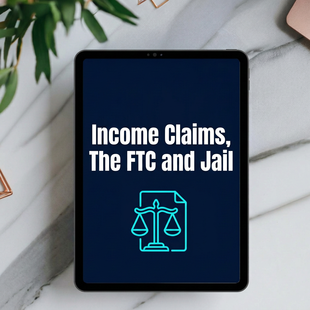 Income Claims, The FTC and Jail digital guide cover displayed on a tablet mockup