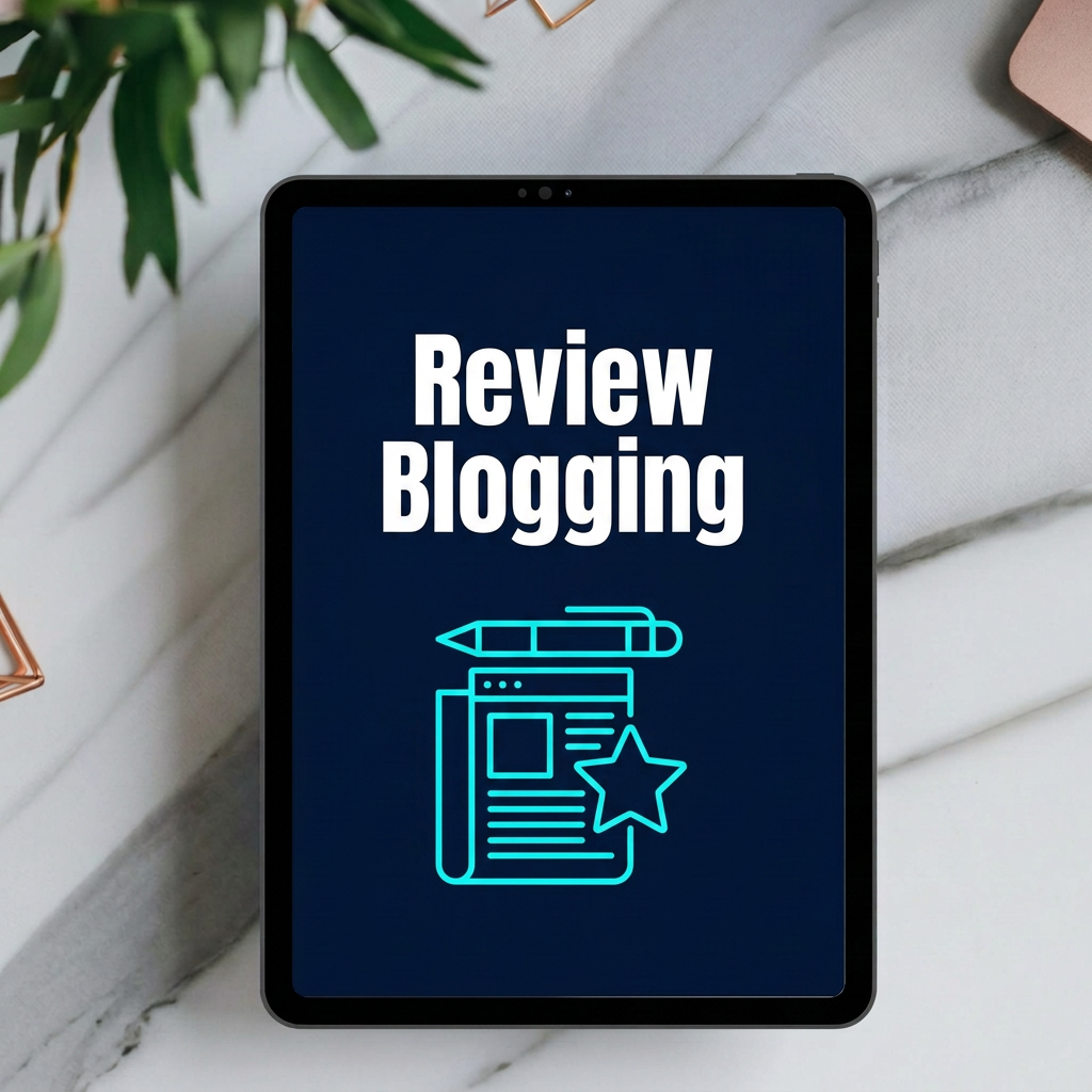Review Blogging digital guide cover displayed on a tablet mockup